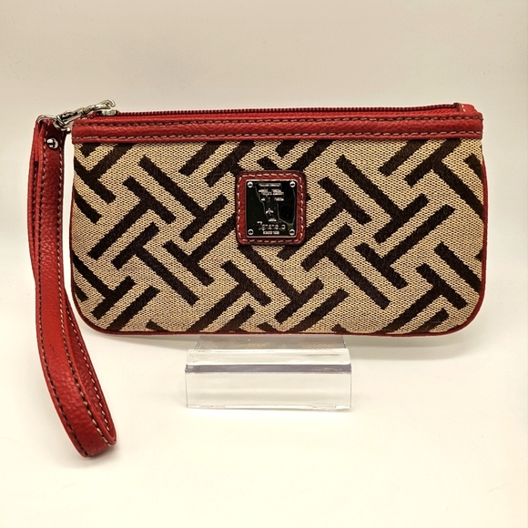 Tignaello Signature Woven Fabric and Red Leather Trimmed Wristlet - Picture 1 of 4